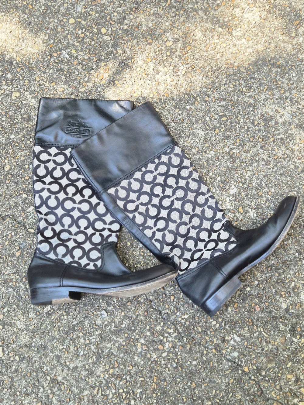 Black and Gray COACH Patterned Knee-High Women's Boots